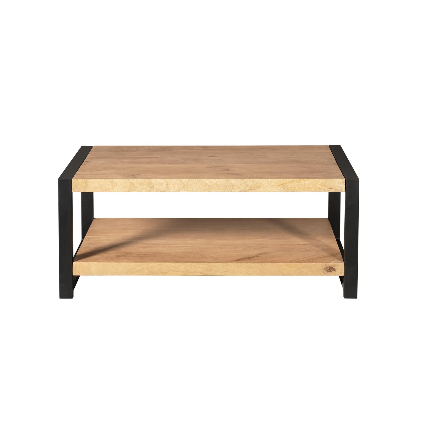 Salontafel met licht houten blad en zwart onderframe, open tussenschap
