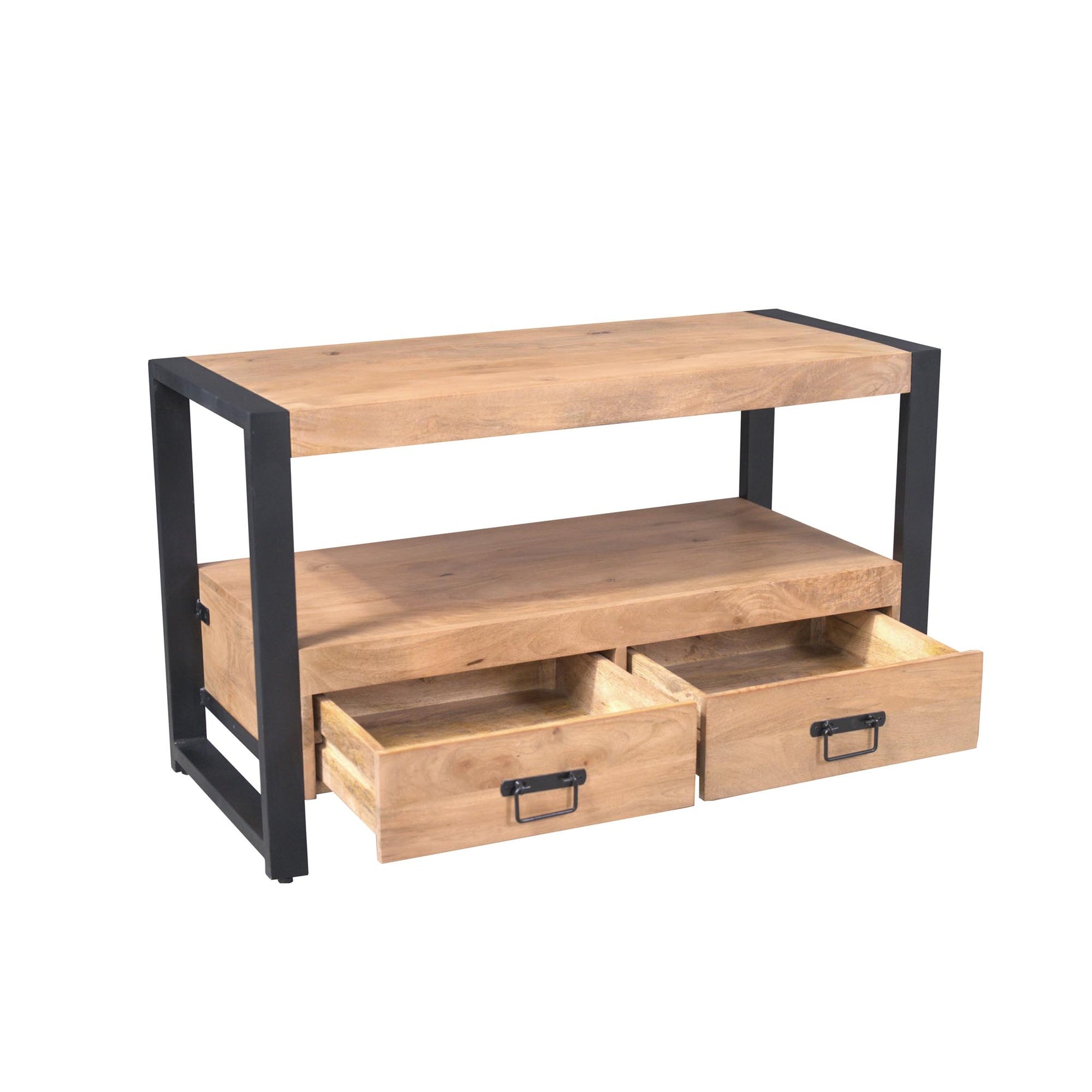Tv-meubel met open vak en twee laden, licht hout met zichtbare handgrepen en zwart frame