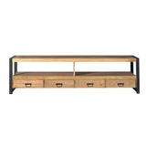 TV-meubel met lichtbruin hout, zwart frame en 4 laden met zwarte greepjes.