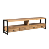 TV-meubel met open middenvak en meerdere laden, lichtbruin hout met zwart metalen frame.