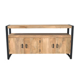 Dressoir met houten front, zwart frame en metalen grepen, vier deurtjes.