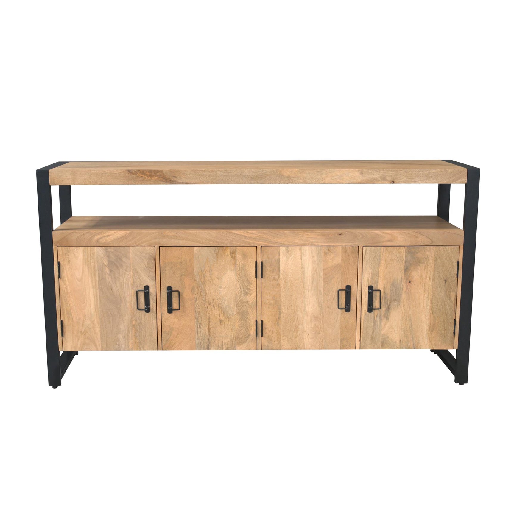 Dressoir met houten front, zwart frame en metalen grepen, vier deurtjes.