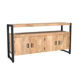 Dressoir in zijaanzicht met houten front en zwarte poten, vier deurtjes met grepen.