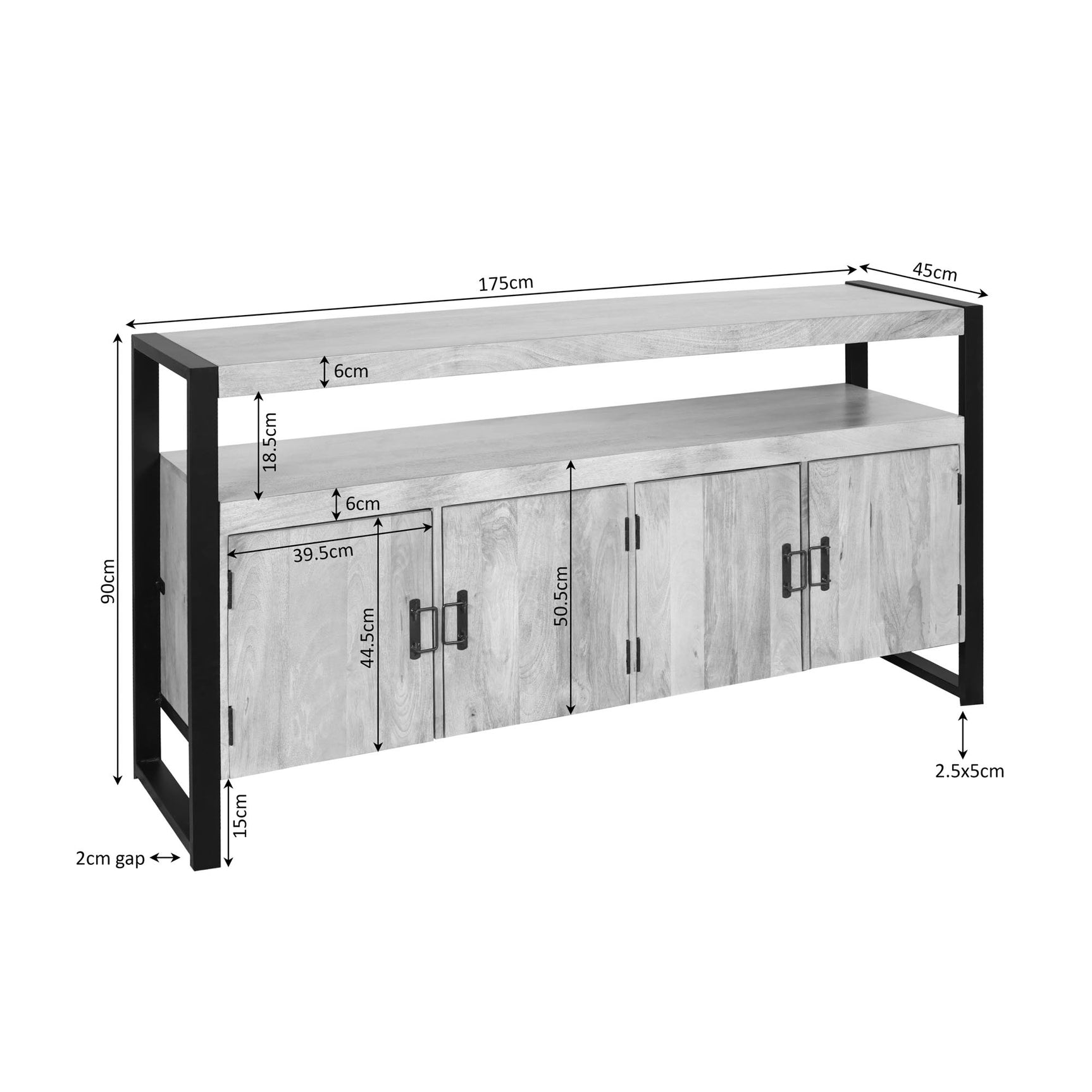 Dressoir maatvoering: 175 cm breed, houten front met metalen grepen, zwart onderstel.