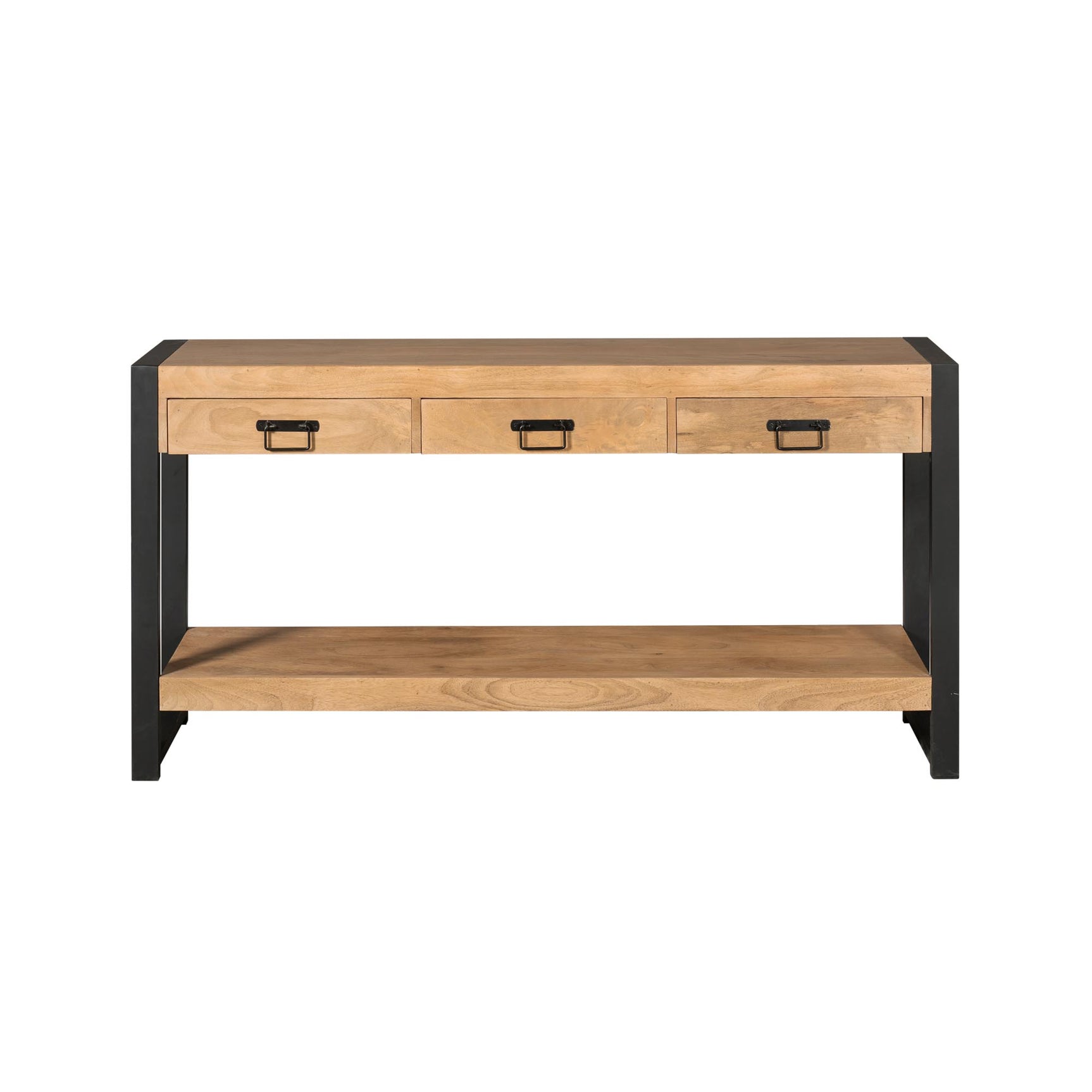 Bijzettafel met drie lades en open plank, licht hout en zwart frame