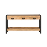 Bijzettafel met drie lades en onderste plank, licht hout met zwarte poten