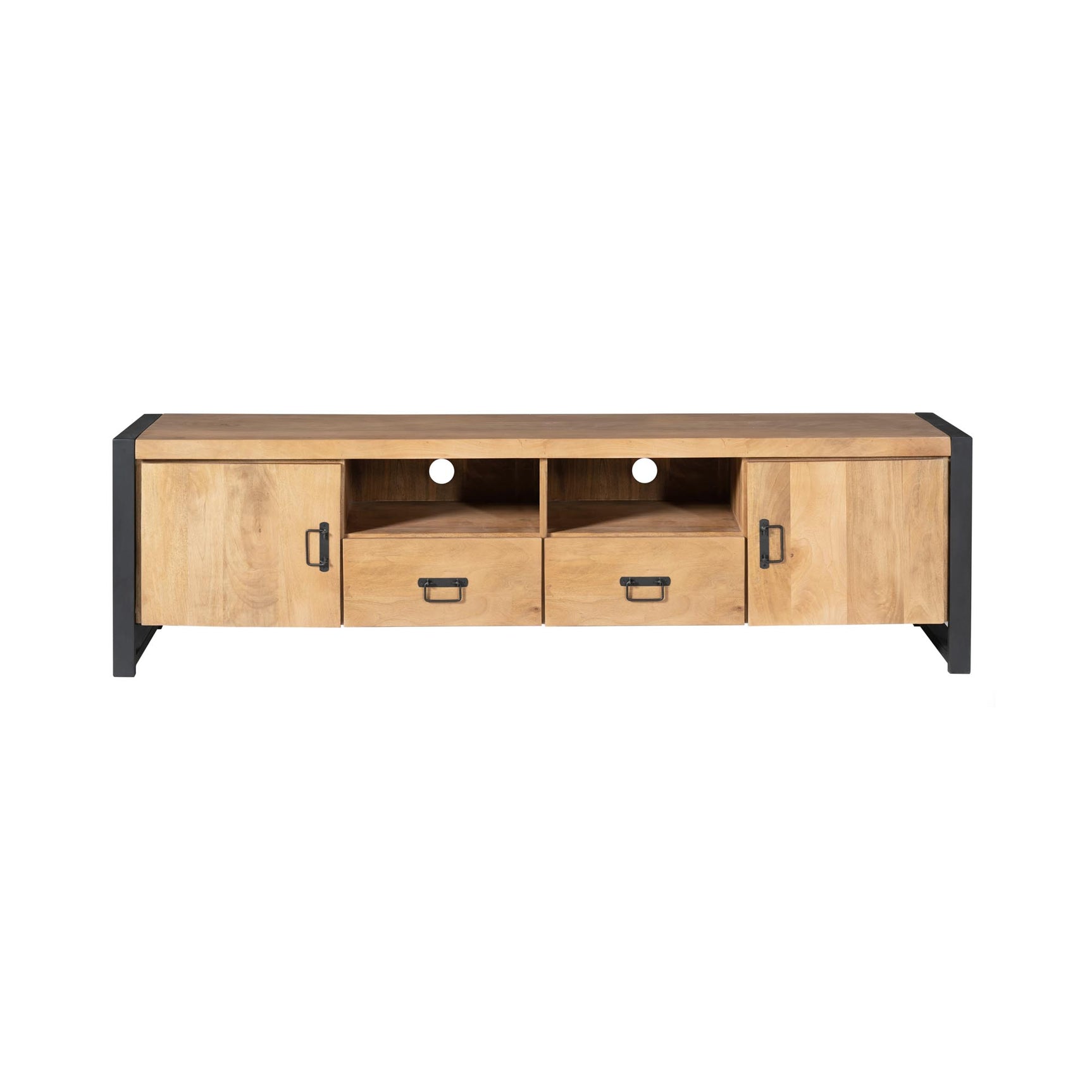 Tv-meubel Britt met deuren en lades, houtlook en zwarte poten, front met opbergvakken.