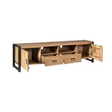 Tv-meubel Britt met open opbergruimte en schuiflades, houtlook, zwart frame en poten.