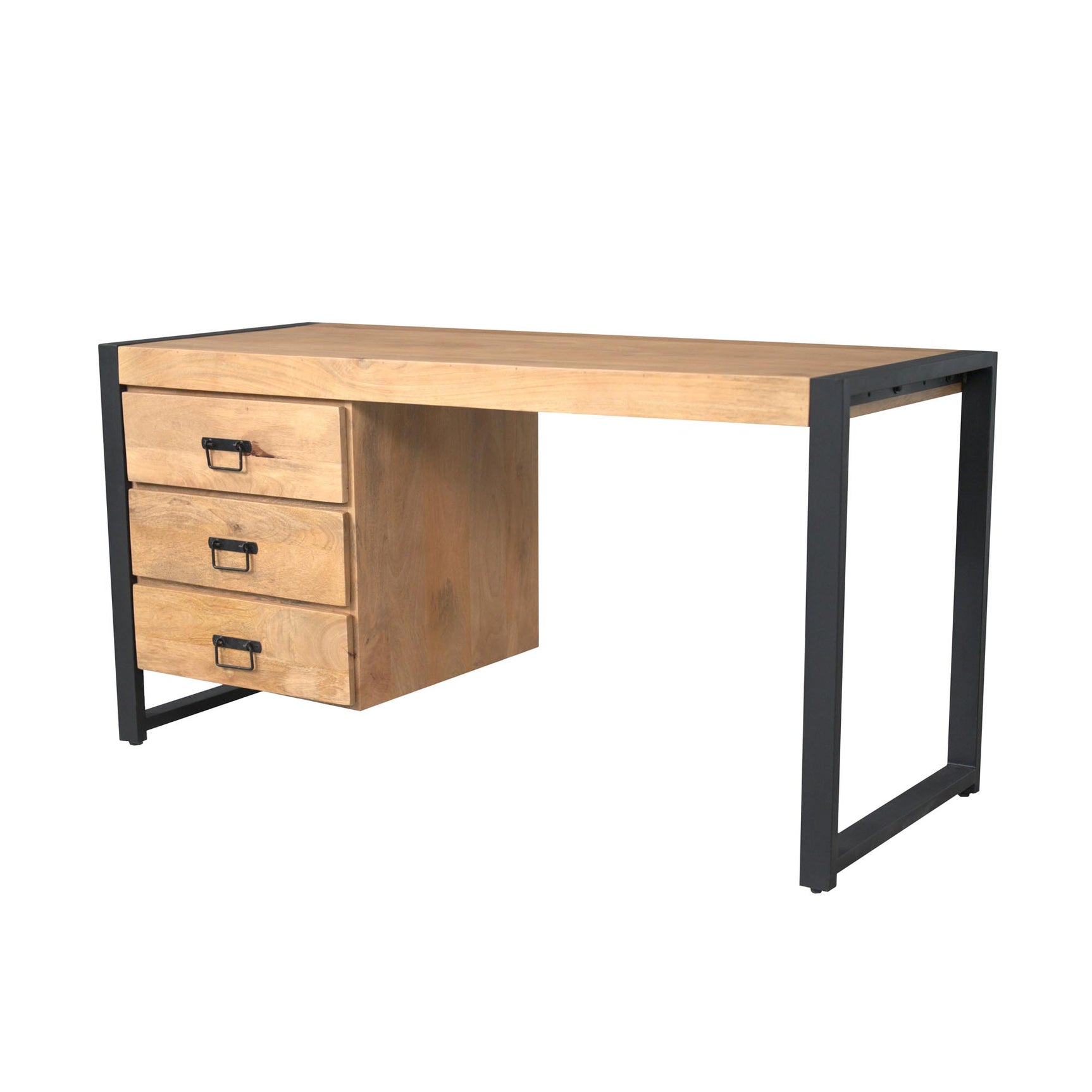 Bureau met houten blad, 3 lades in frontkast en zwart metalen frame