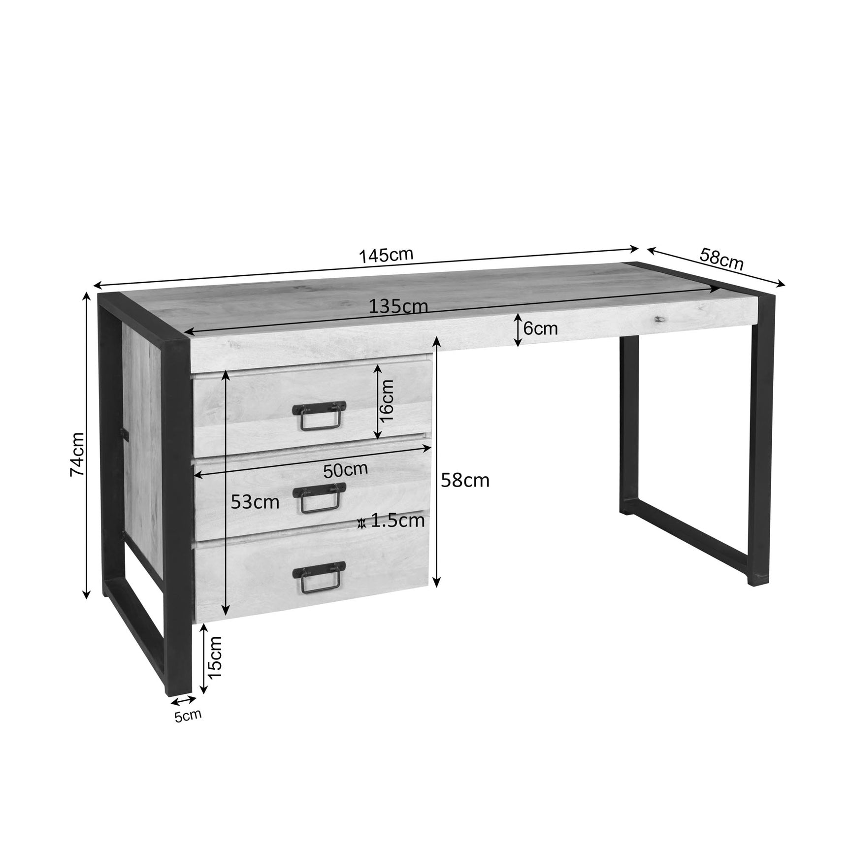 Bureau afmetingen 145×58 cm, houten blad met 3 lades en zwart onderstel
