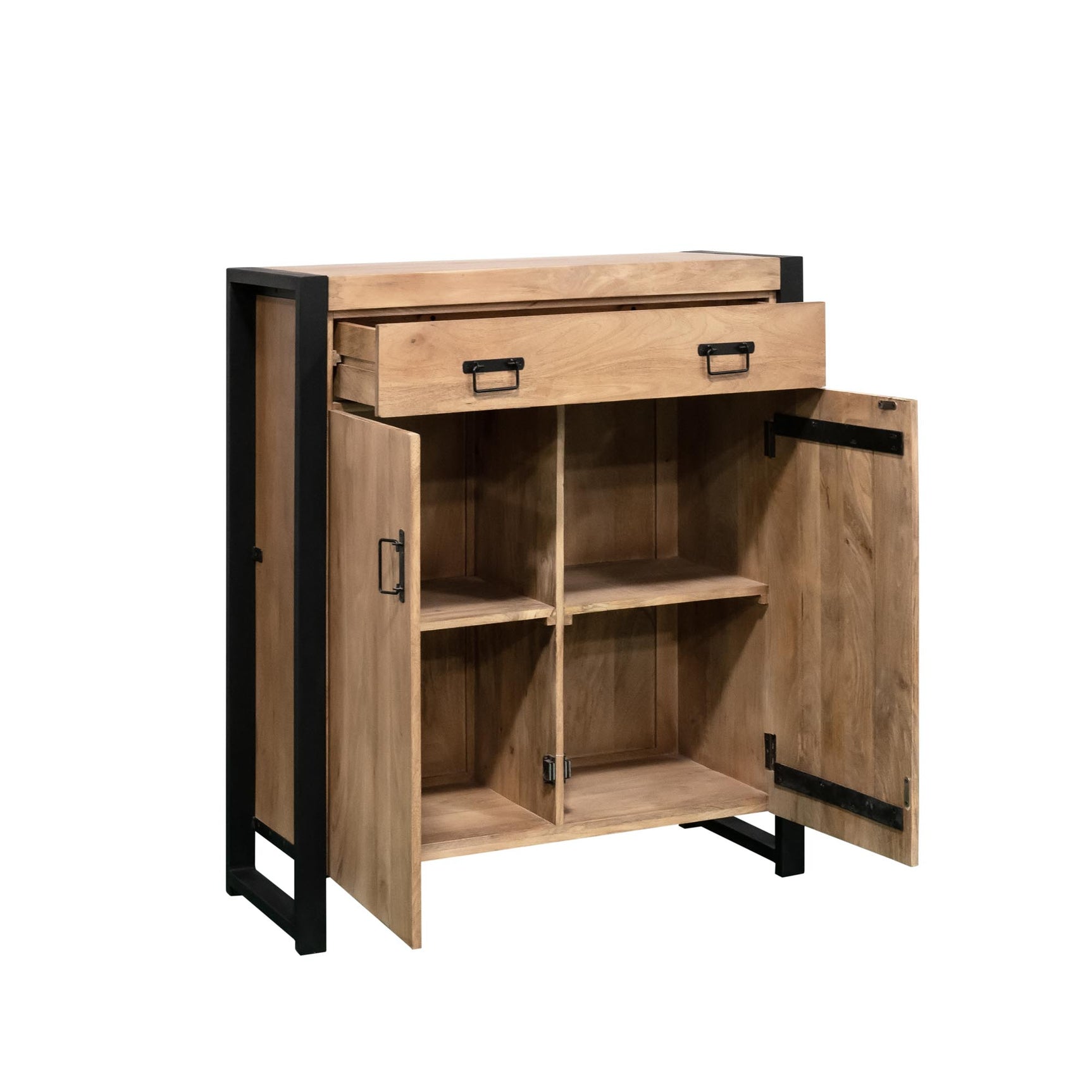Kast met open deuren en binnenplanken, eikenlook hout met zwarte rand