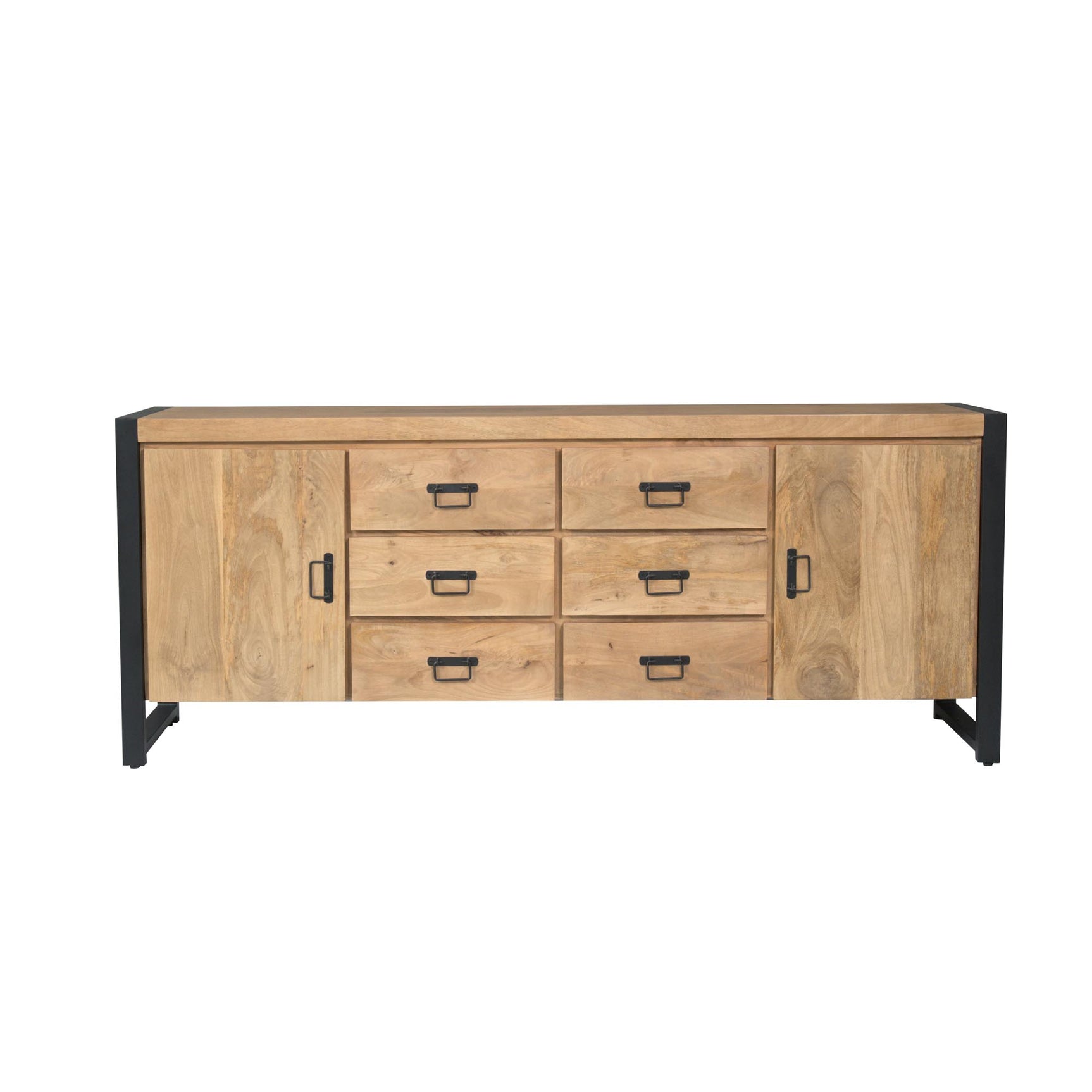 Dressoir Britt met 6 lades, 2 deuren en zwarte metalen grepen op licht eikenlook