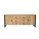 Dressoir eikenlook met meerdere laden en twee deuren, zwarte metalen poten.