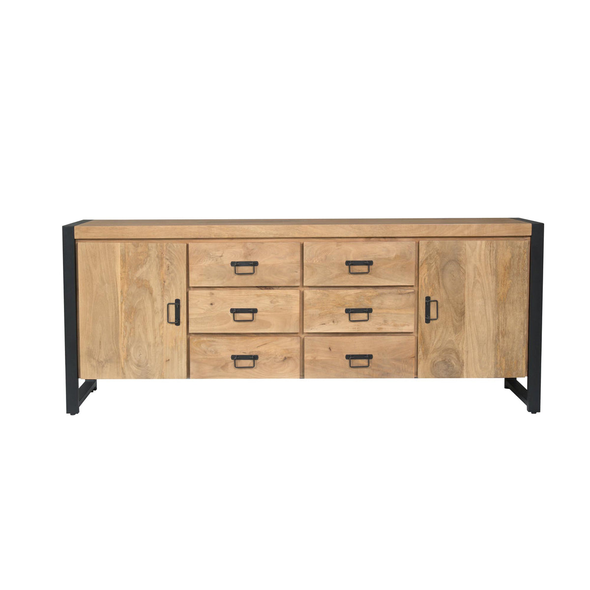 Dressoir eikenlook met meerdere laden en twee deuren, zwarte metalen poten.