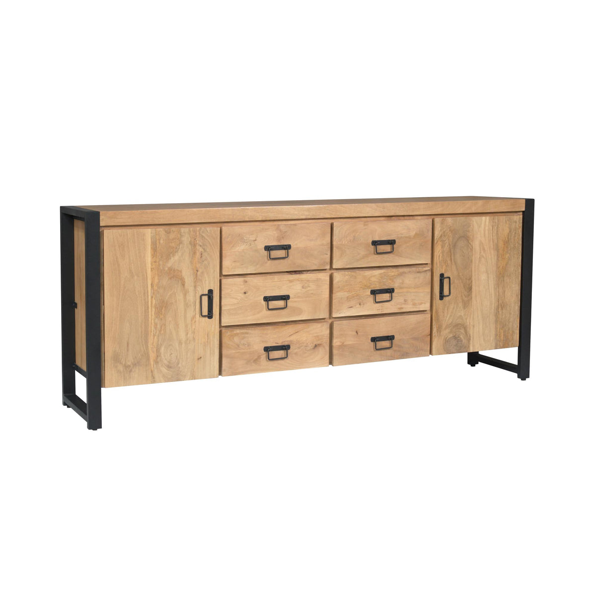 Dressoir eikenlook met schuifladen en twee deuren, zwarte grepen.