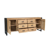 Dressoir eikenlook met open deuren en binnenvakken, meerdere schuifladen.
