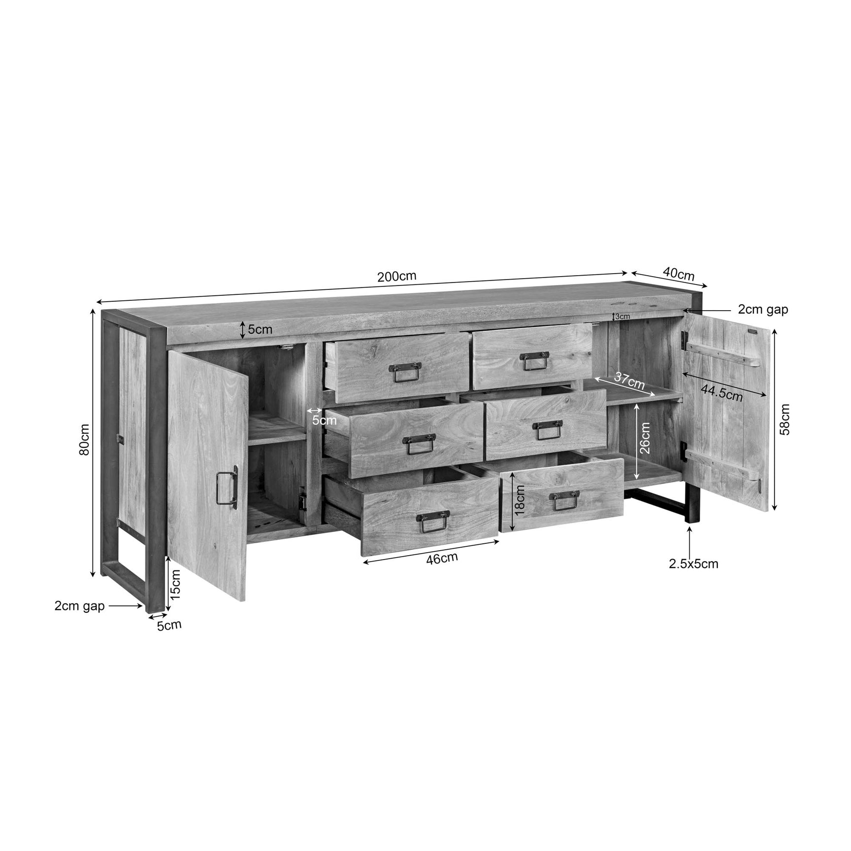 Dressoir Britt met afmetingen: 200 cm breed, 80 cm hoog en 40 cm diep