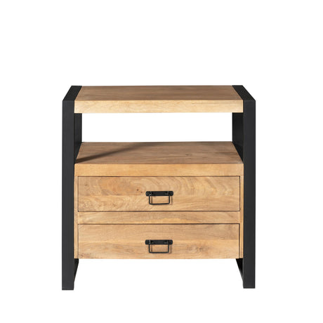 Ladenkast met bovenste plank en 2 lades, licht hout, zwarte poten, metalen greepjes.