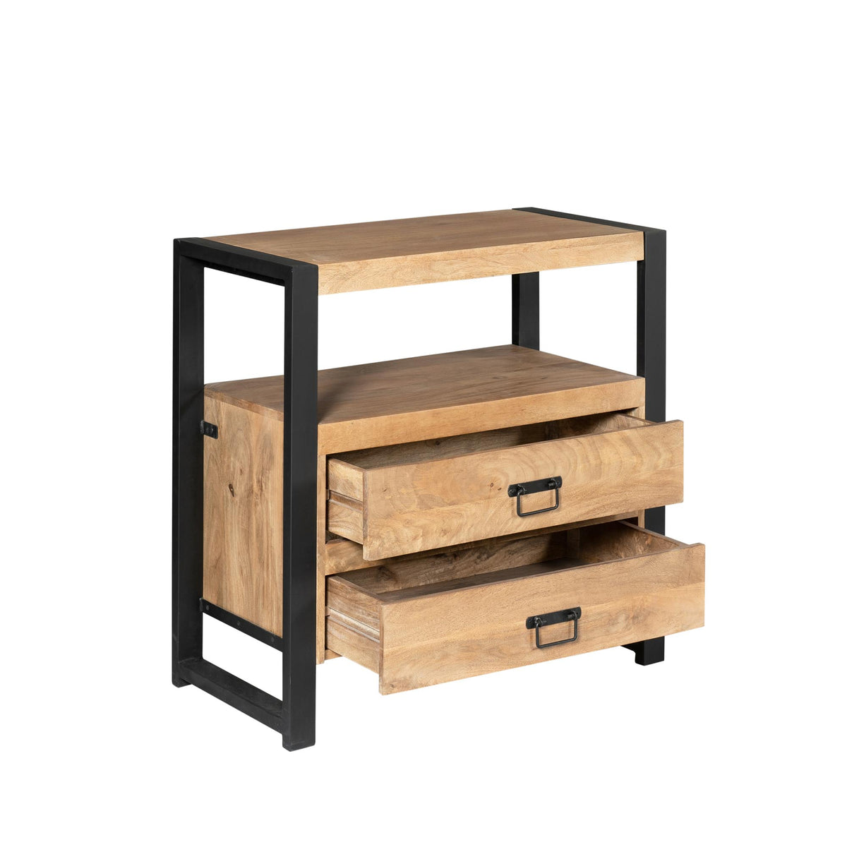 Ladenkast met uitsparing en 2 uittreklades, licht hout, zwarte frame, metalen handgrepen.