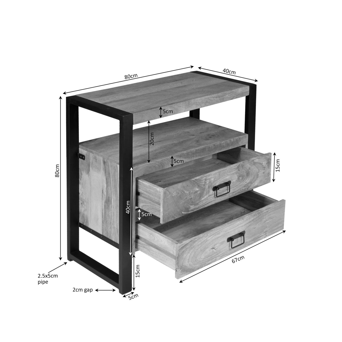 Ladenkast met afmetingen, 2 lades en open planken, zwart frame en licht hout.