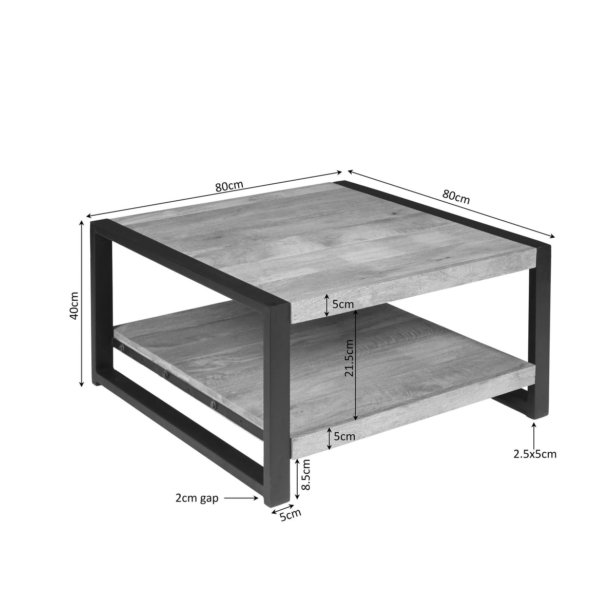 Salontafel maattekening: 80x80 cm, hoogte 45 cm, 2 planken, zwart frame