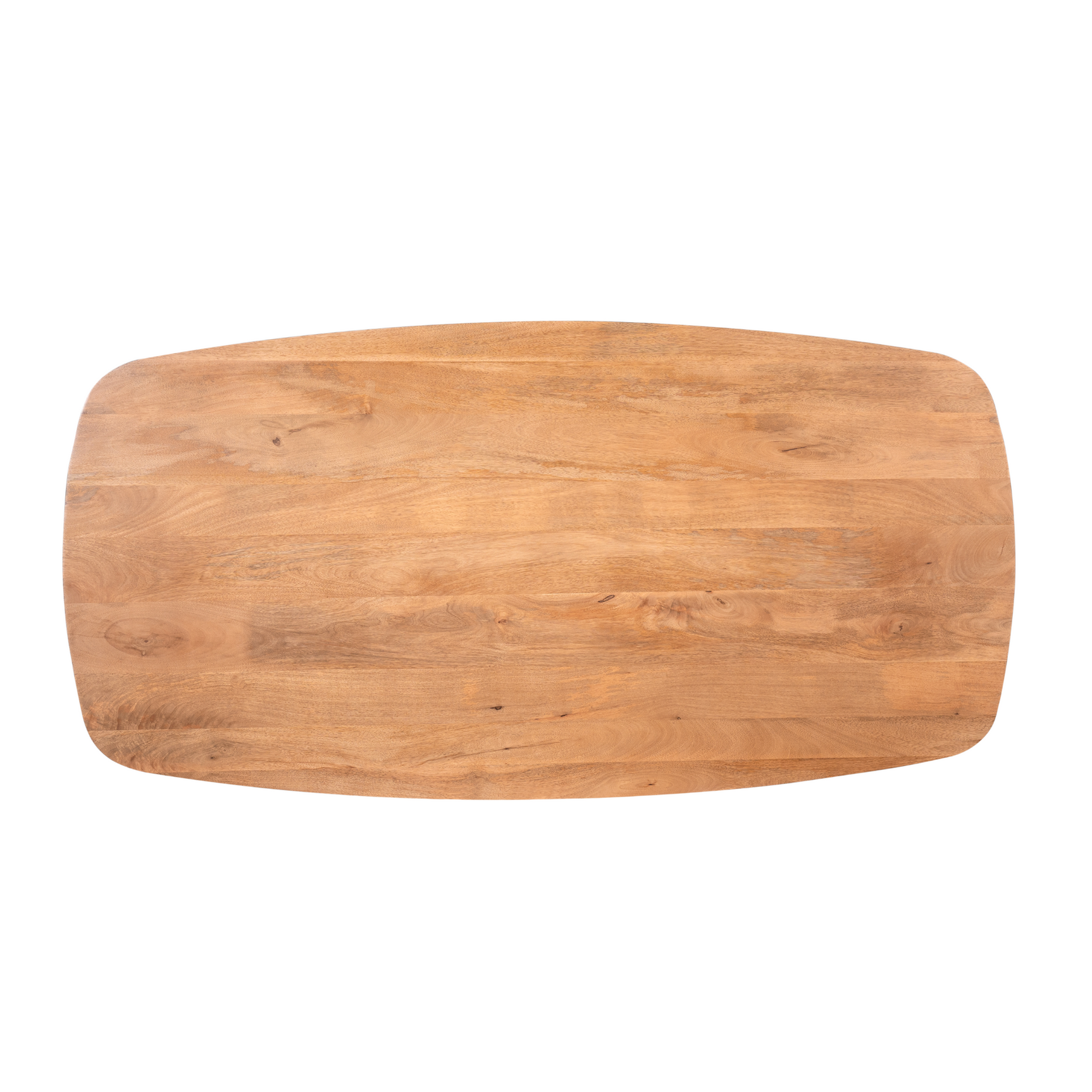 Houten ovaal tafelblad met afgeronde hoeken en zichtbare houtnerf, bruin.
