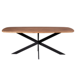 Ovale eettafel met licht houten blad en zwart kruispoot-onderstel