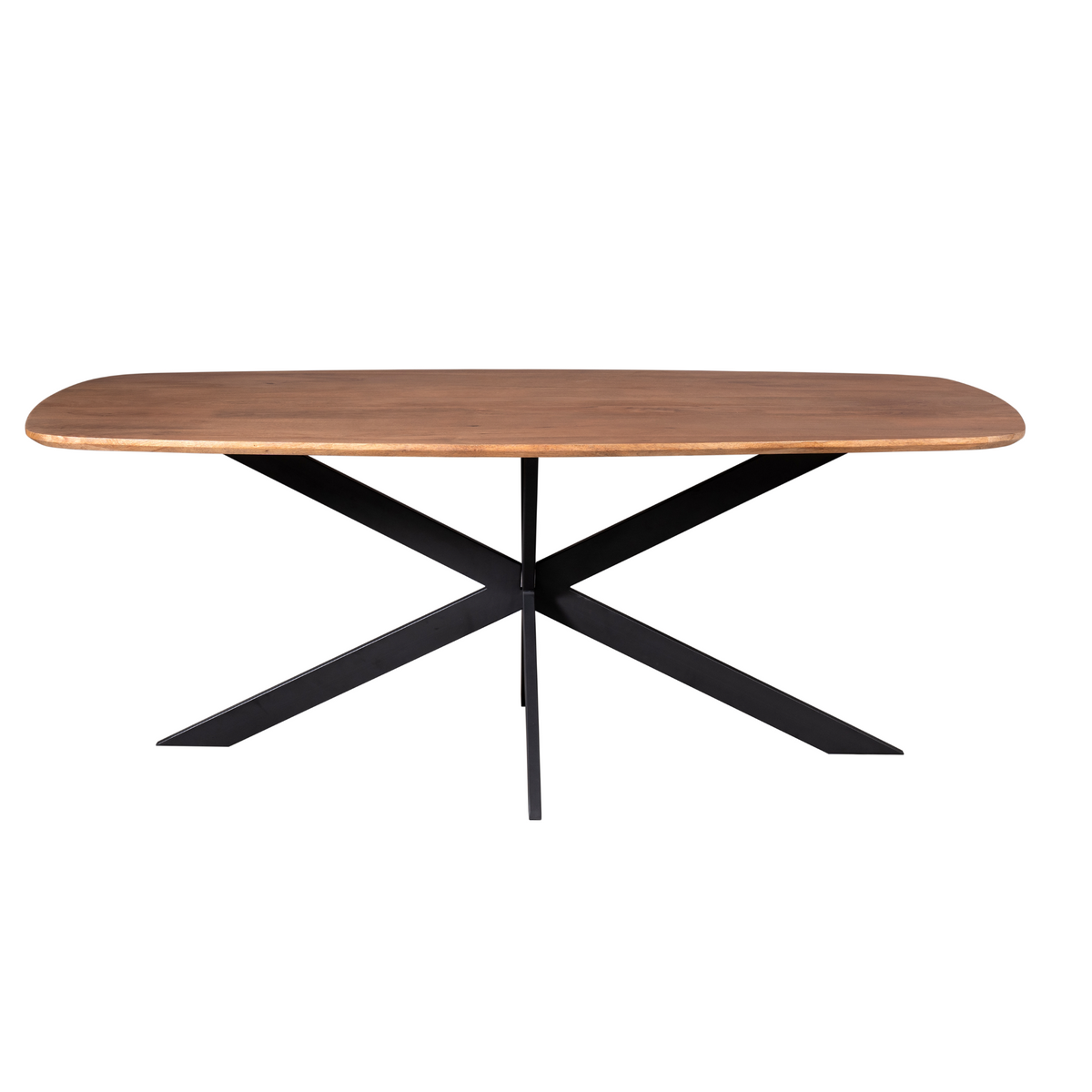 Ovale eettafel met licht houten blad en zwart kruispoot-onderstel
