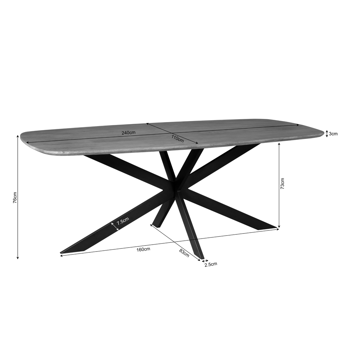 Eettafel Elegance Zwart | Deens ovaal | 240x110 cm
