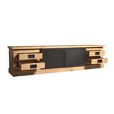 Houten tv-meubel met zwarte middenfronten en drie lades links en rechts