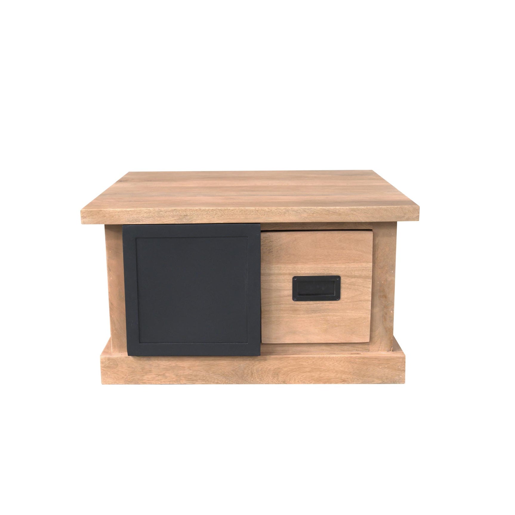 Salontafel met houtkleurig blad, zwarte kastdeur en houtlade met zwart greepje.