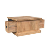 Salontafel met houtkleurige fronten en lade, dubbele openingen aan de zijkant.