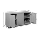 Bruin dressoir met afmetingenoverzicht en open deurdetails