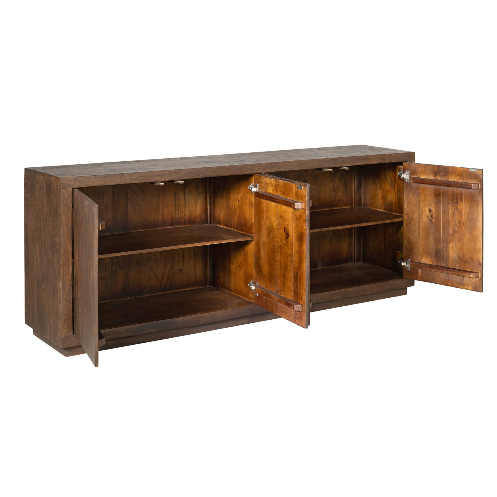 Bruin dressoir met open deuren en meerdere planken binnenin