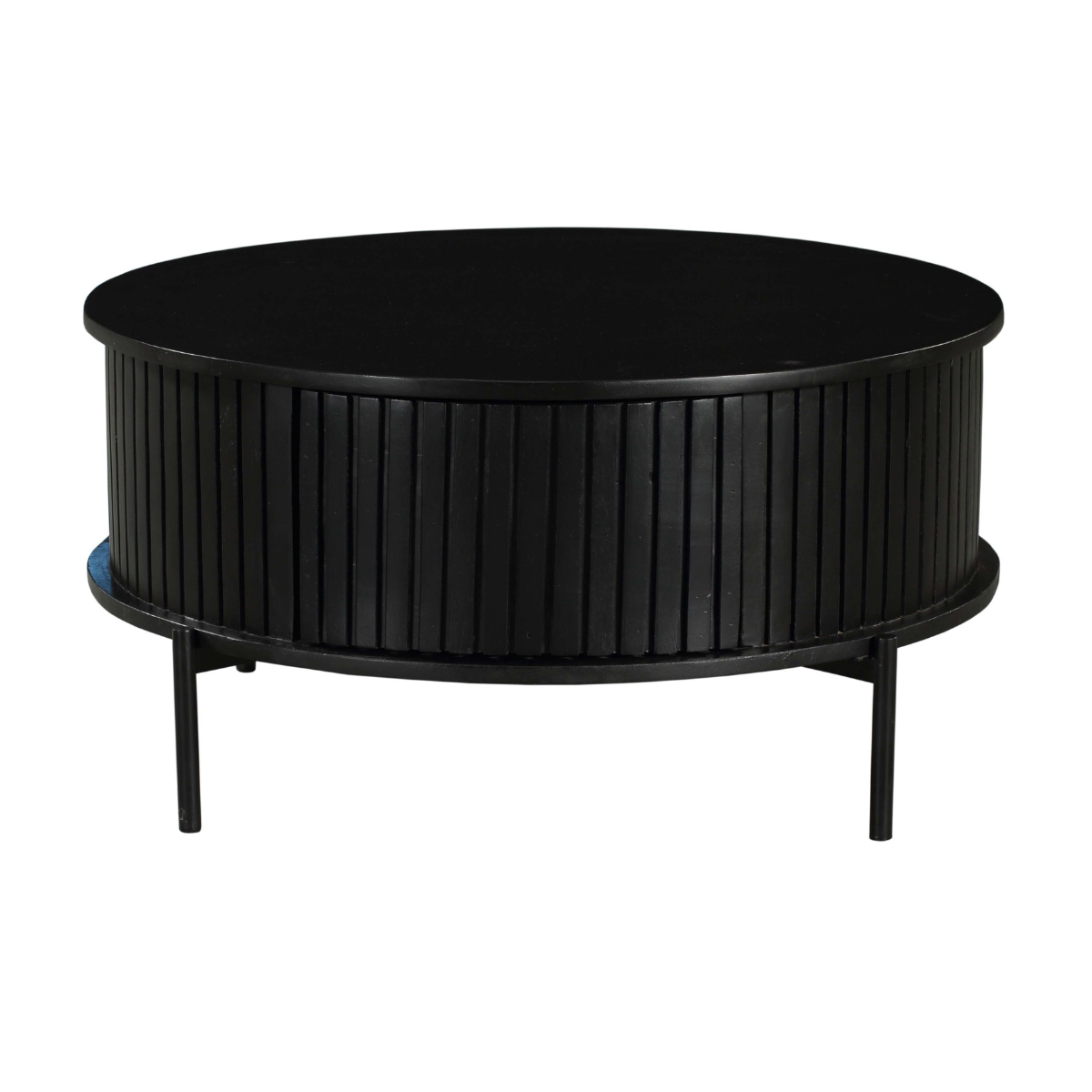 Ronde salontafel met zwart, glad blad en verticale ribbels op de zwarte zijkant