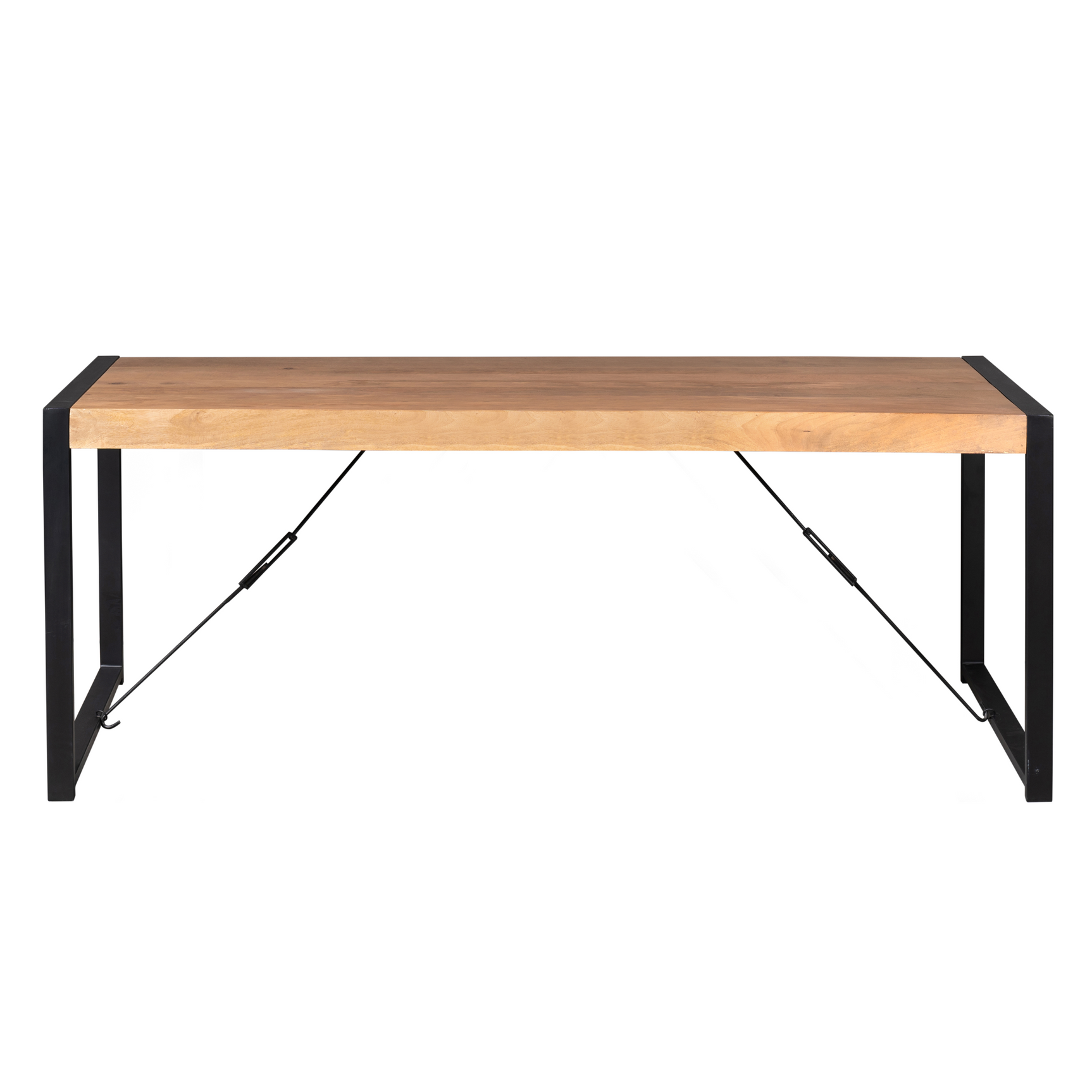 Eettafel Boaz met houten blad en zwart onderstel met schaarbeugels, aanzicht van onder.