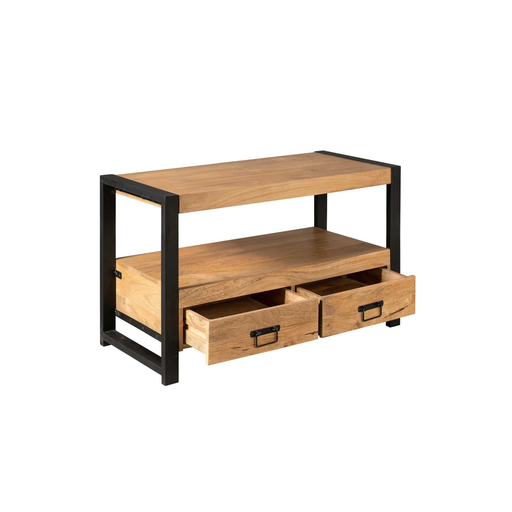 Tv-meubel Boaz 100 cm met open vak en 2 lades, eikenblad en zwart frame