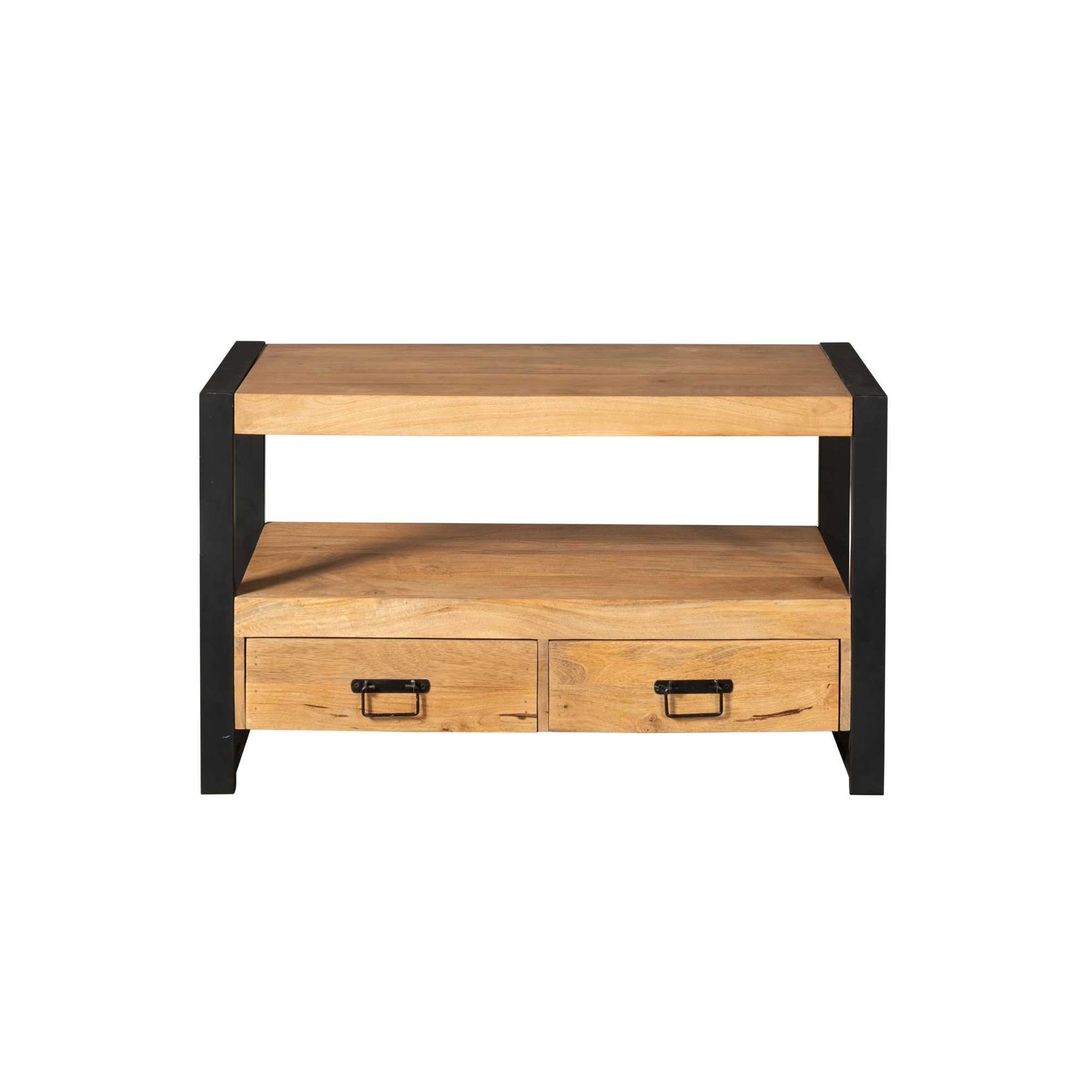 Tv-meubel Boaz 100 cm front met open vak en 2 lades, eikenlook hout en zwart frame