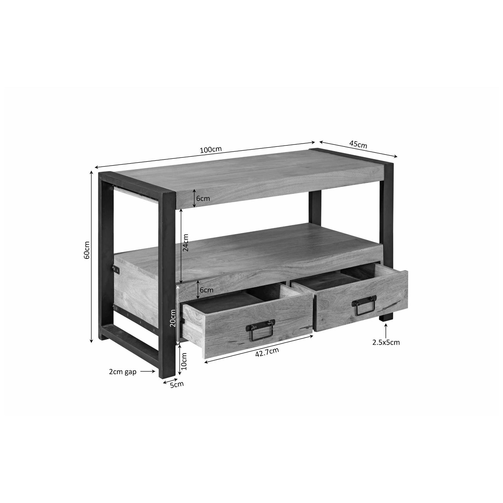 Tv-meubel Boaz 100 cm met afmetingen en 2 lades, open vak en zwart metalen frame