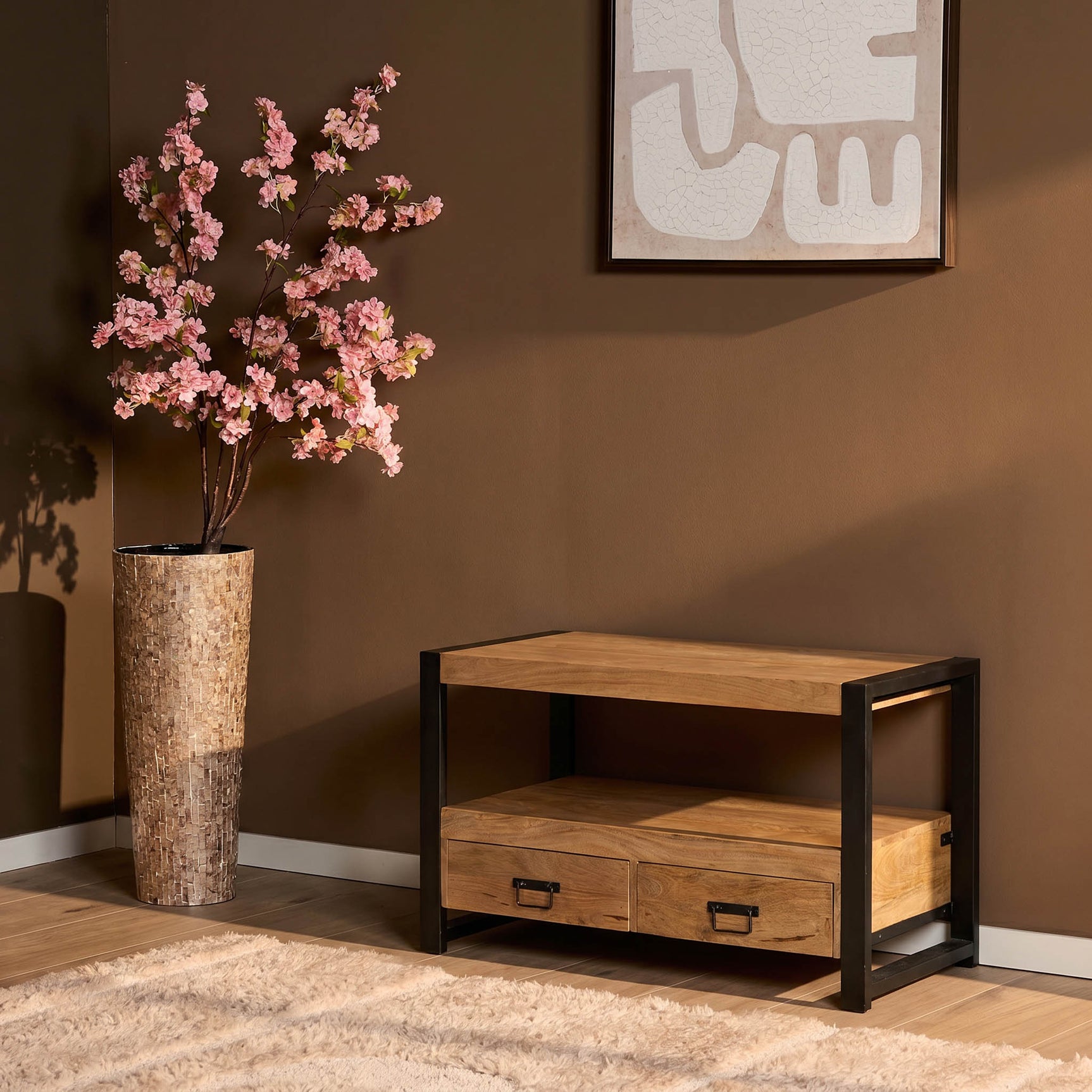 Tv-meubel Boaz 100 cm met open vak en 2 lades, eikenlook hout en zwart frame