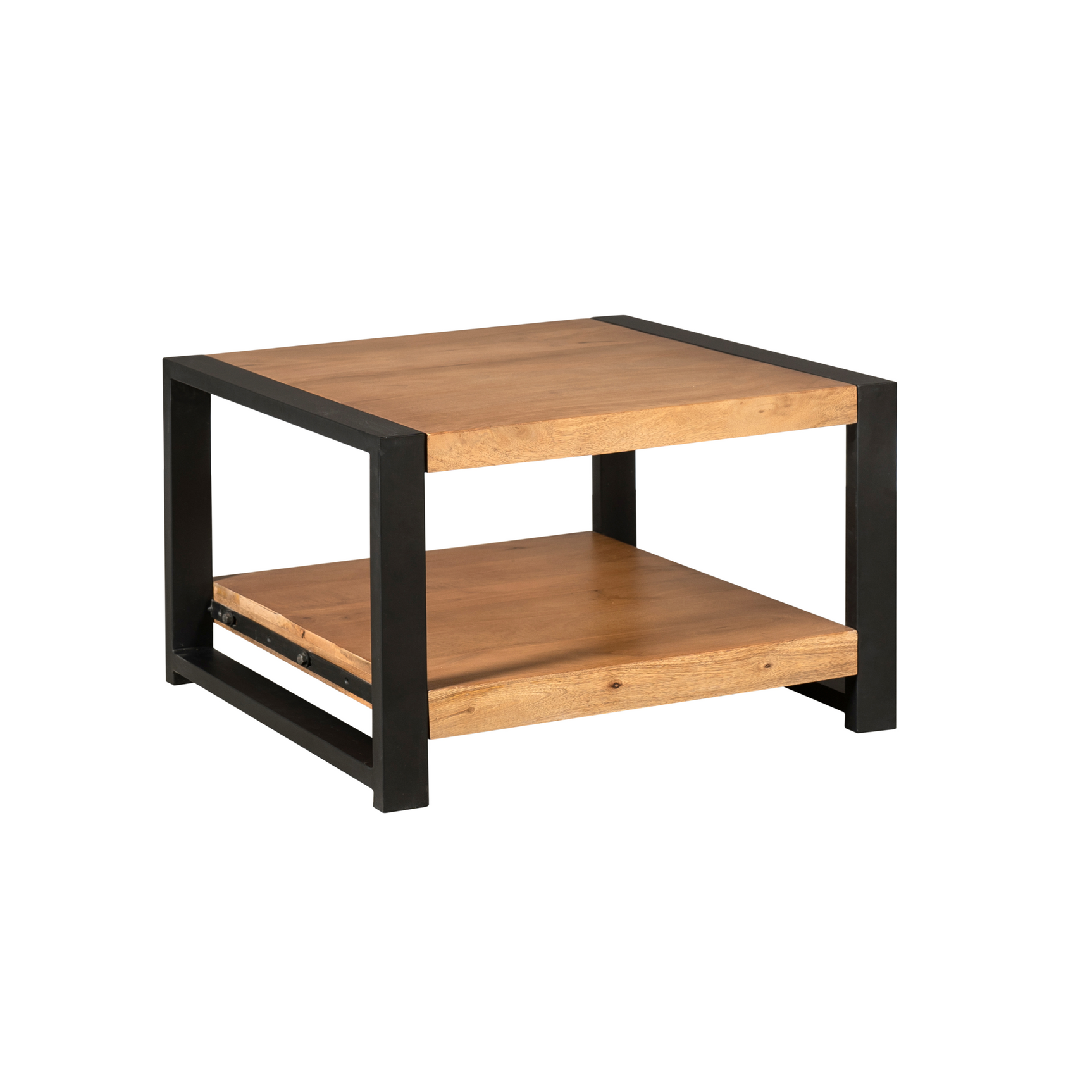 Salontafel met houten bovenblad, onderste plank en open zijde, zwart frame