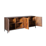 Dressoir met open deuren en zichtbare opbergruimte in donkerbruine houttint.