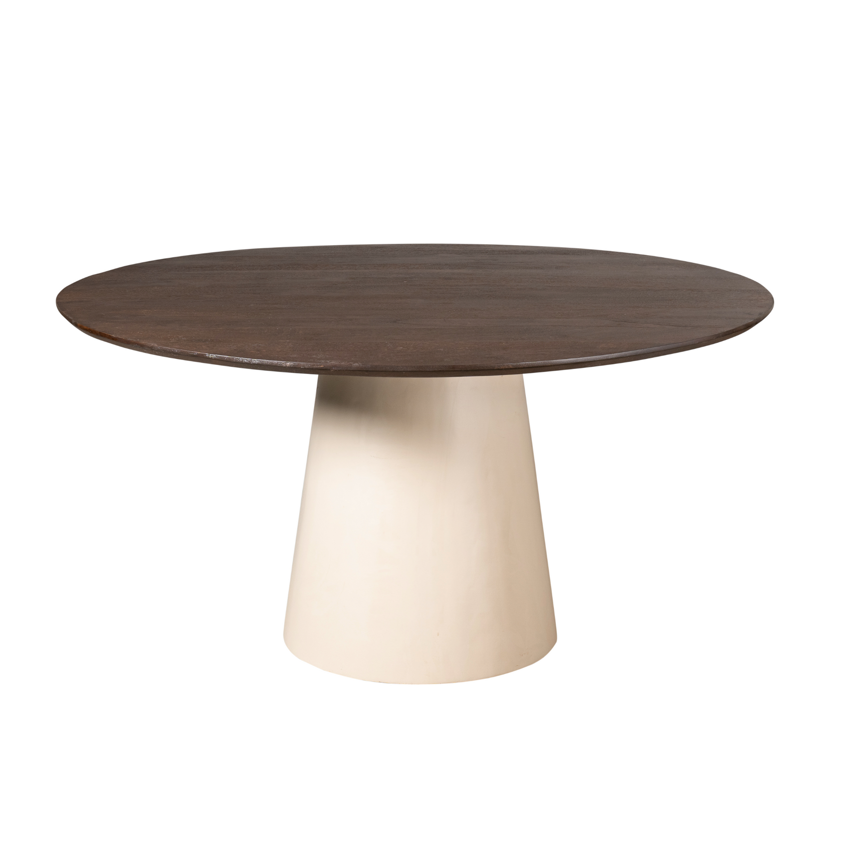 Ronde eettafel met donkerbruin blad en crème cilindrische voet