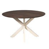 Ronde eettafel met donkerbruin blad en witte X-vormige houten pootconstructie