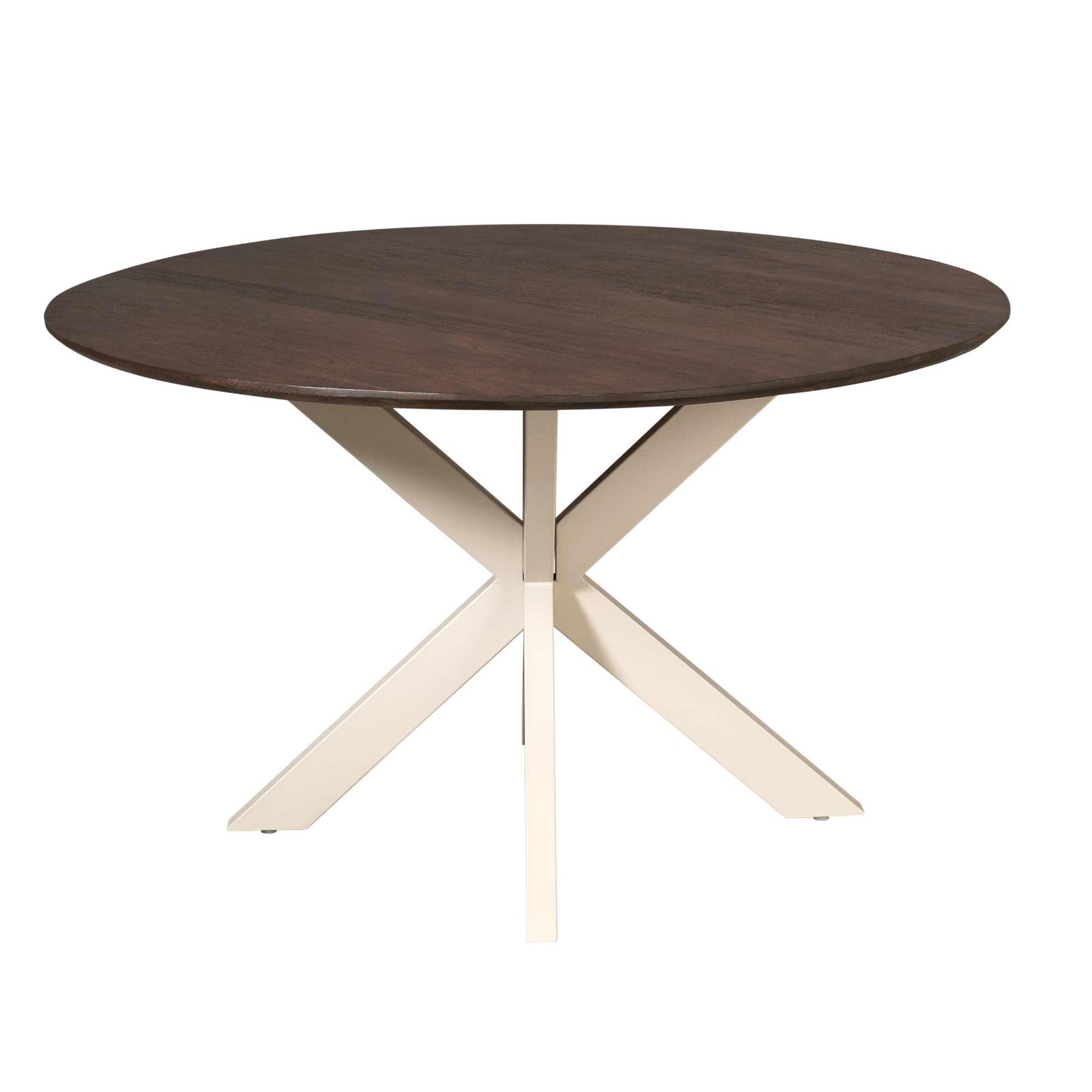 Ronde eettafel met donkerbruin rond tafelblad en zandkleurige X-poten