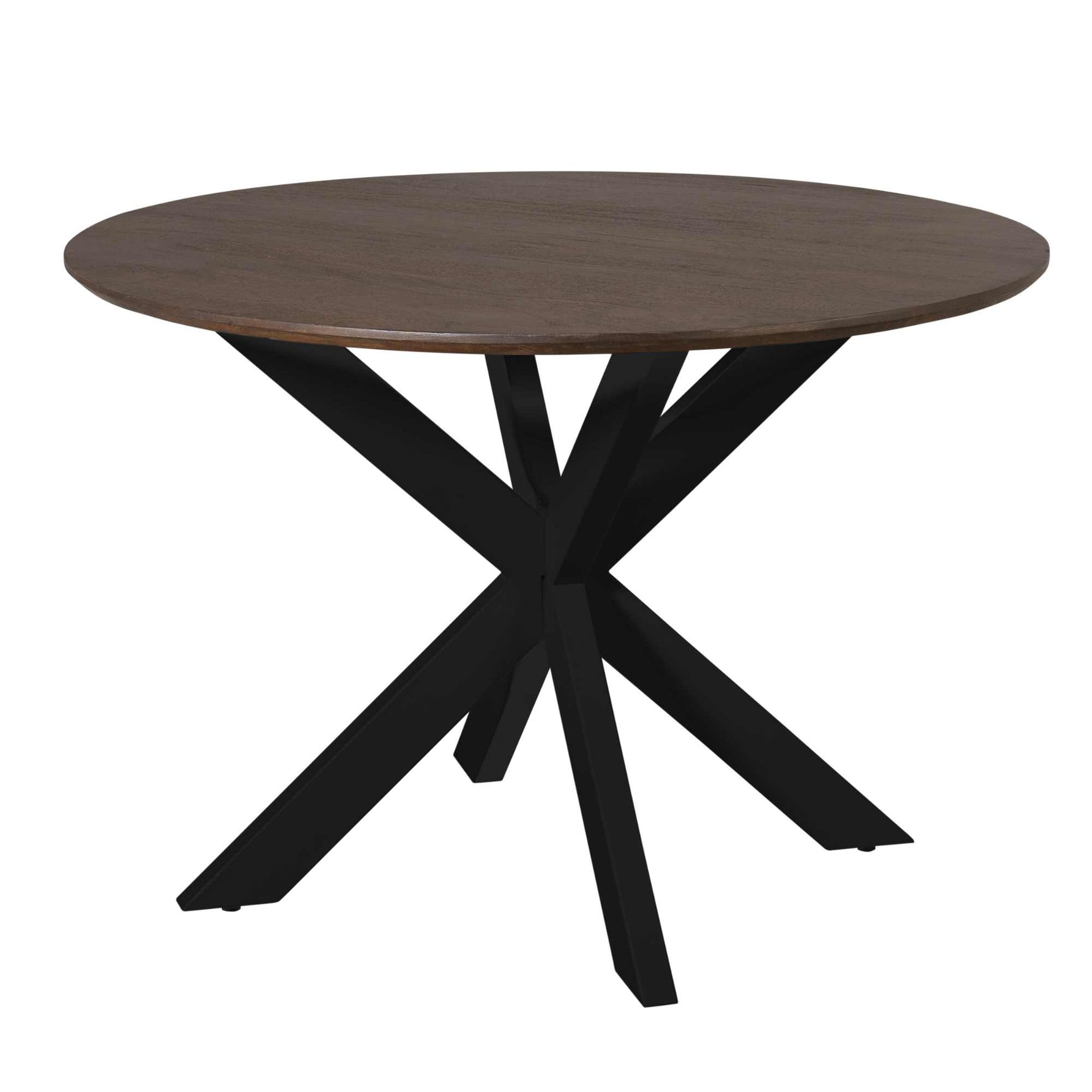 Ronde eettafel met donkerbruin blad en zwarte kruisvormige poten