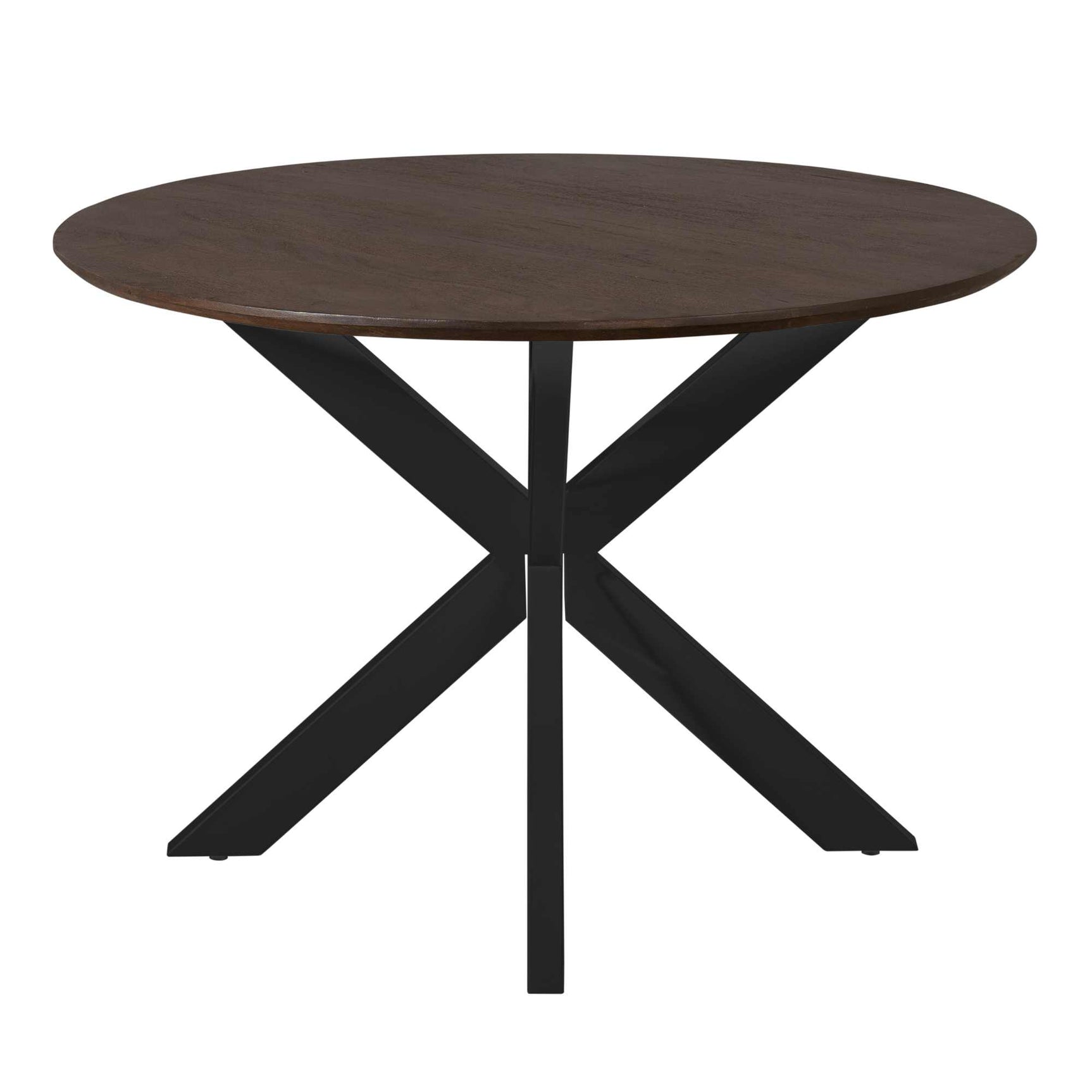 Ronde eettafel met donkerbruin blad en zwarte kruispoten met centrale poot