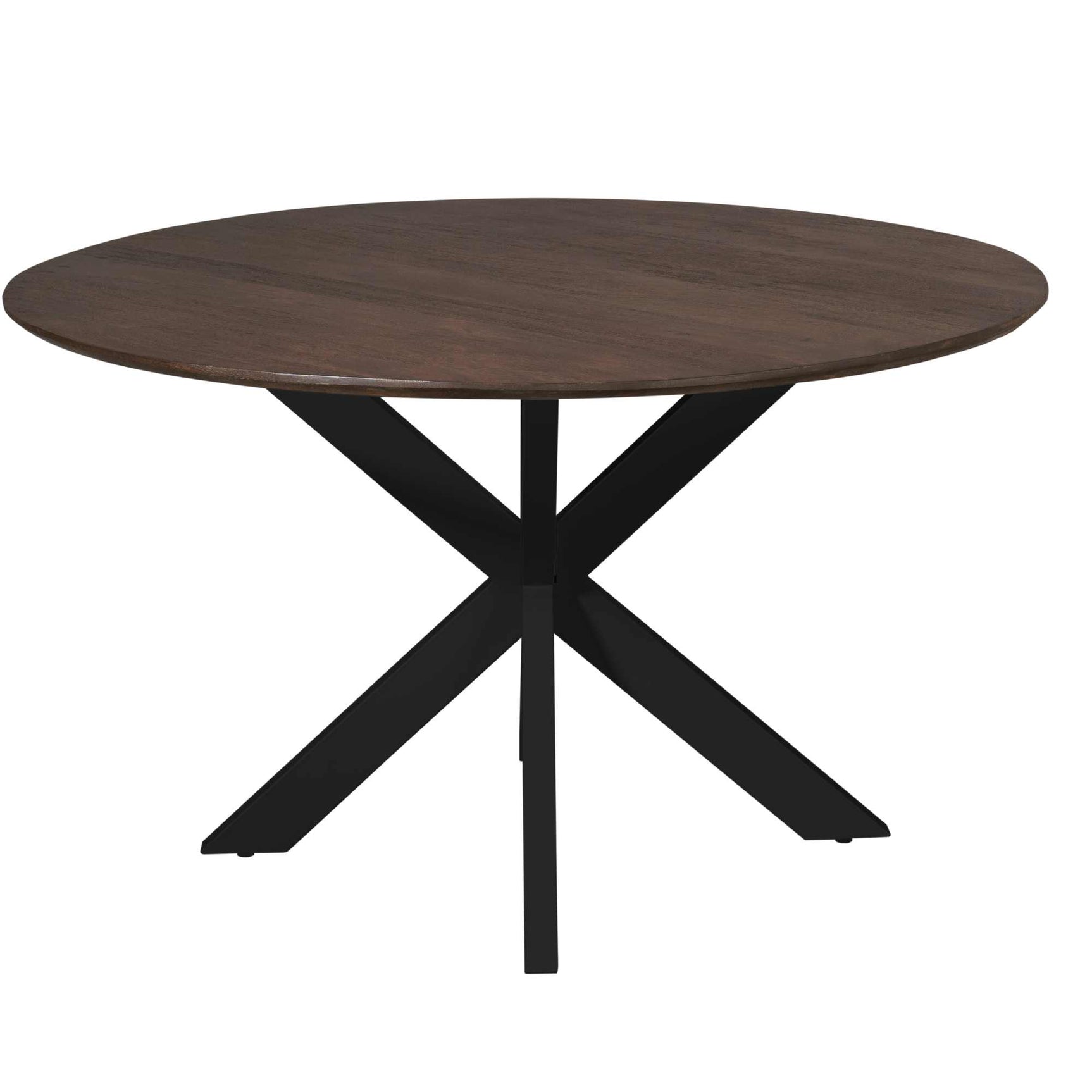 Ronde eettafel met donkerbruin blad en zwarte kruispoten