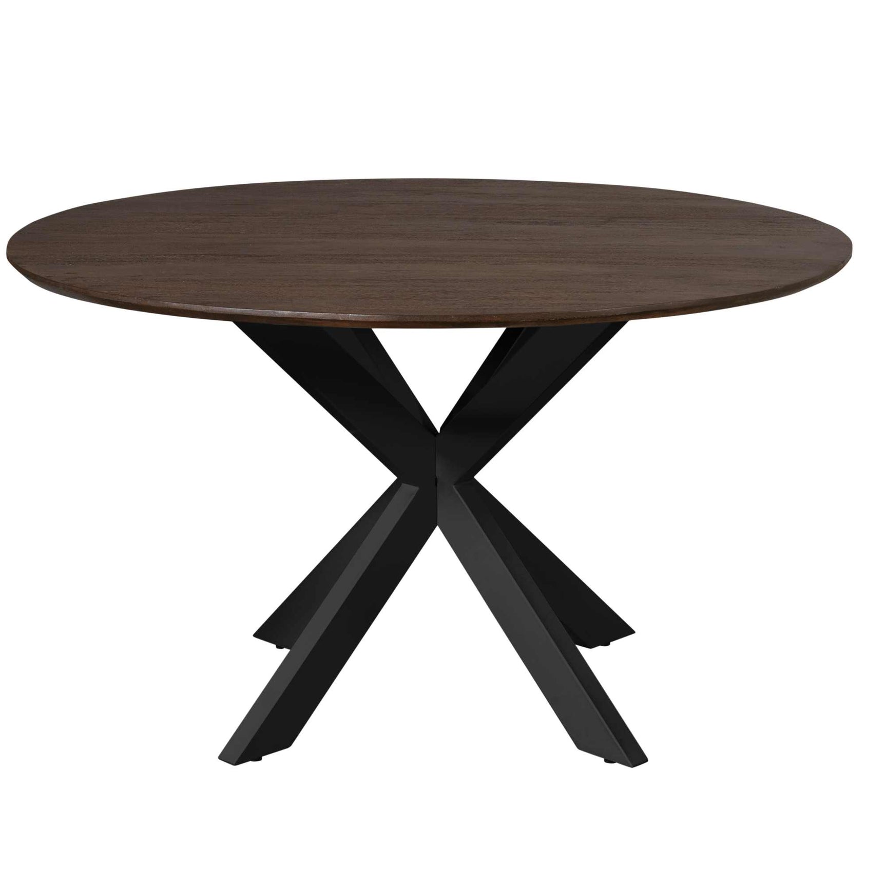 Ronde eettafel met bruin blad en zwart X-poten aan de onderzijde