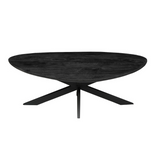 Zwarte ronde salontafel met vijfpuntig onderstel en houten blad